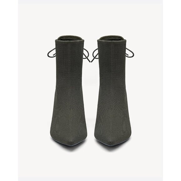 Women's Military Green Pointed Toe Ankle Boots Chunky Block Heel Sock Booties - Picture 6 of 7